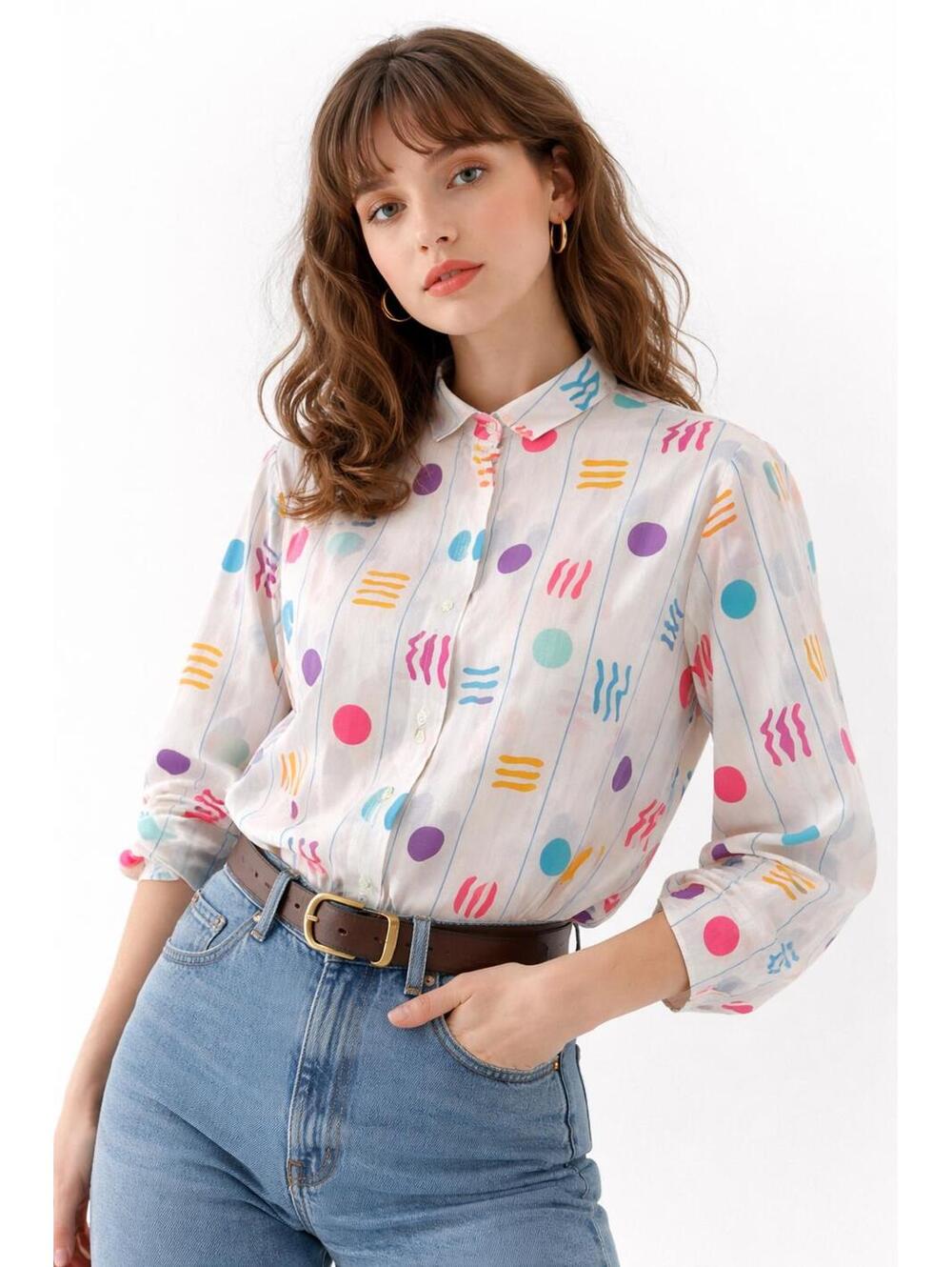Vintage Country Suburbans Abstract Print Retro 80s/90s Button-Up Blouse